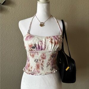 Garage Floral Smocked Halter Cami in Ivory with Pink & Purple Prints